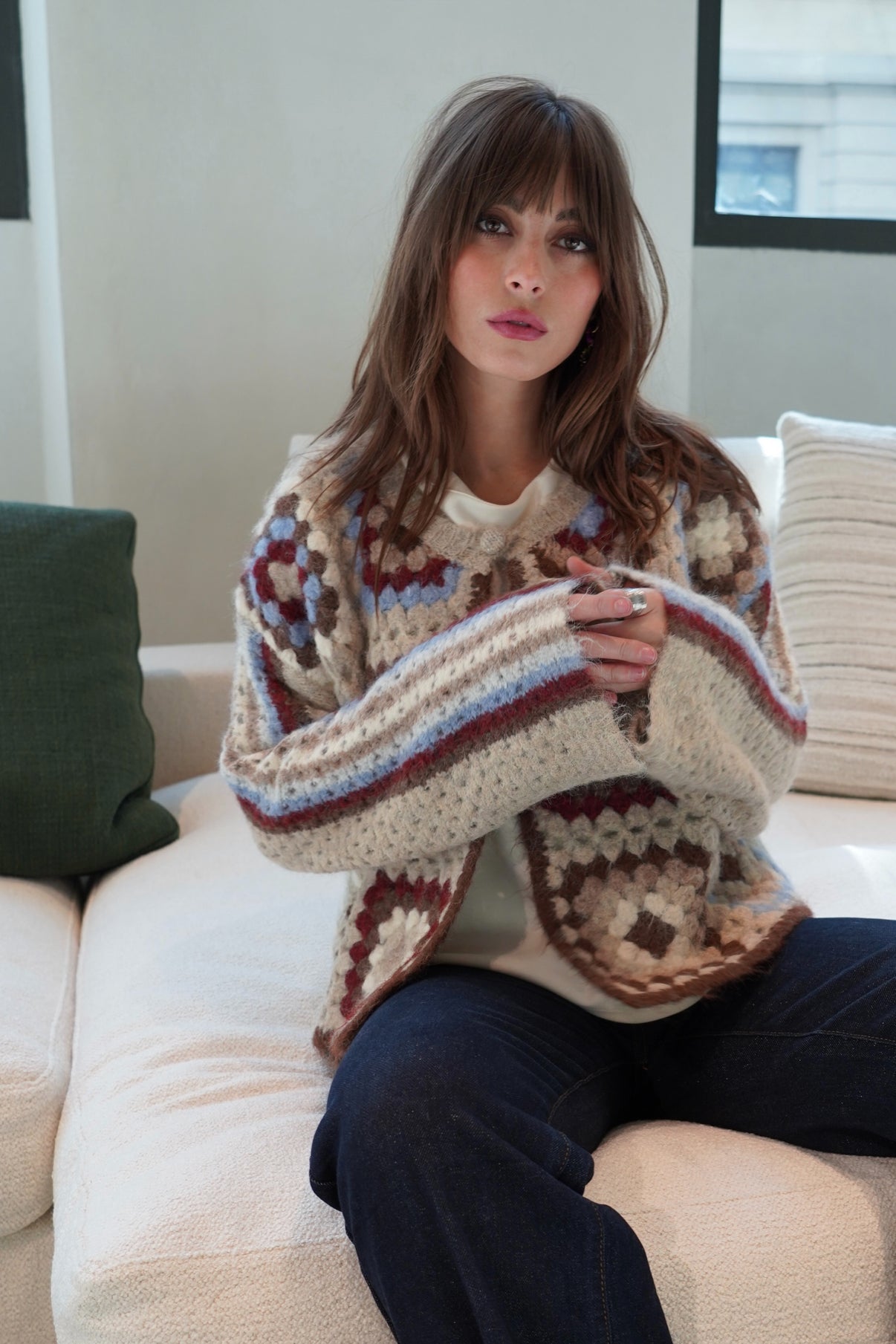 Penny crochet burgundy and blue cardigan