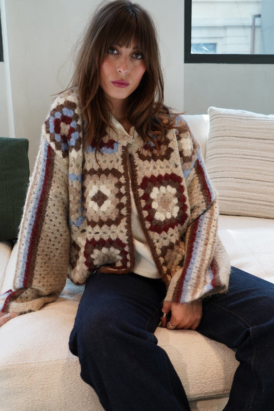 Penny crochet burgundy and blue cardigan