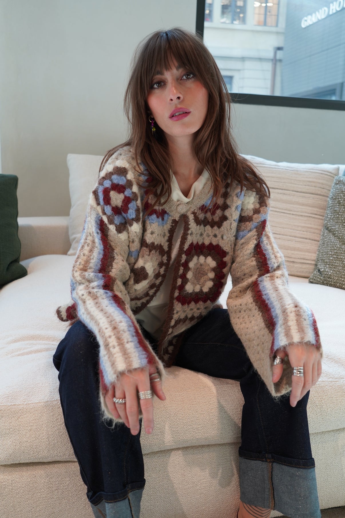 Penny crochet burgundy and blue cardigan