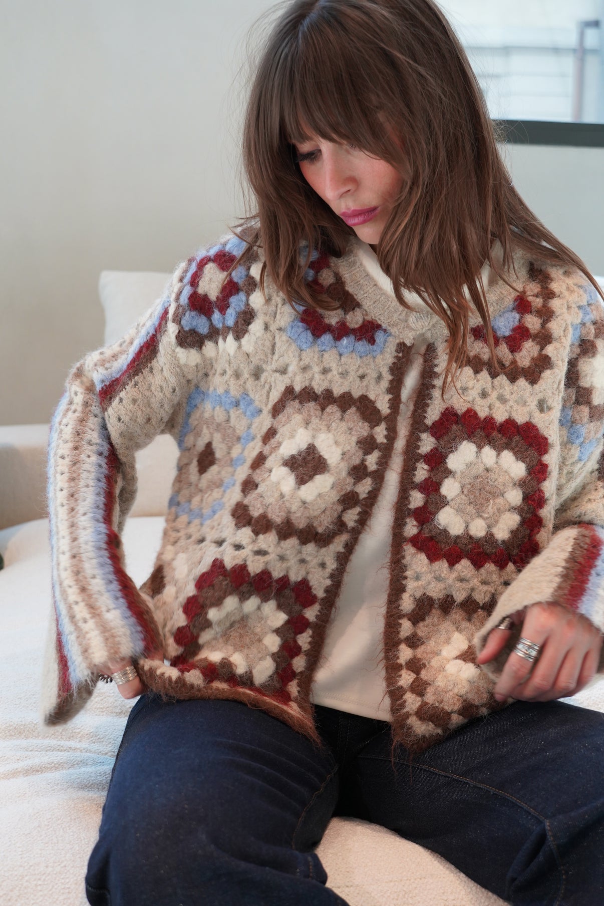 Penny crochet burgundy and blue cardigan