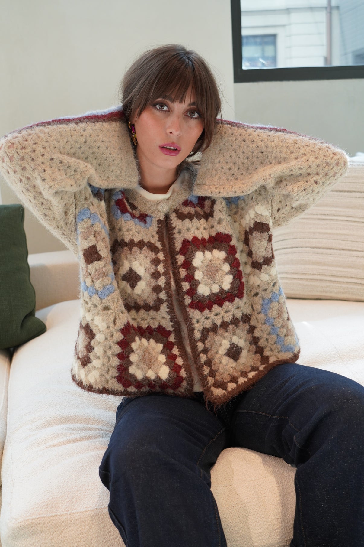 Penny crochet burgundy and blue cardigan