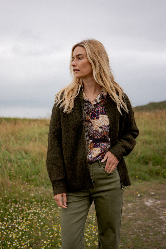 Tara green boucle zip cardigan