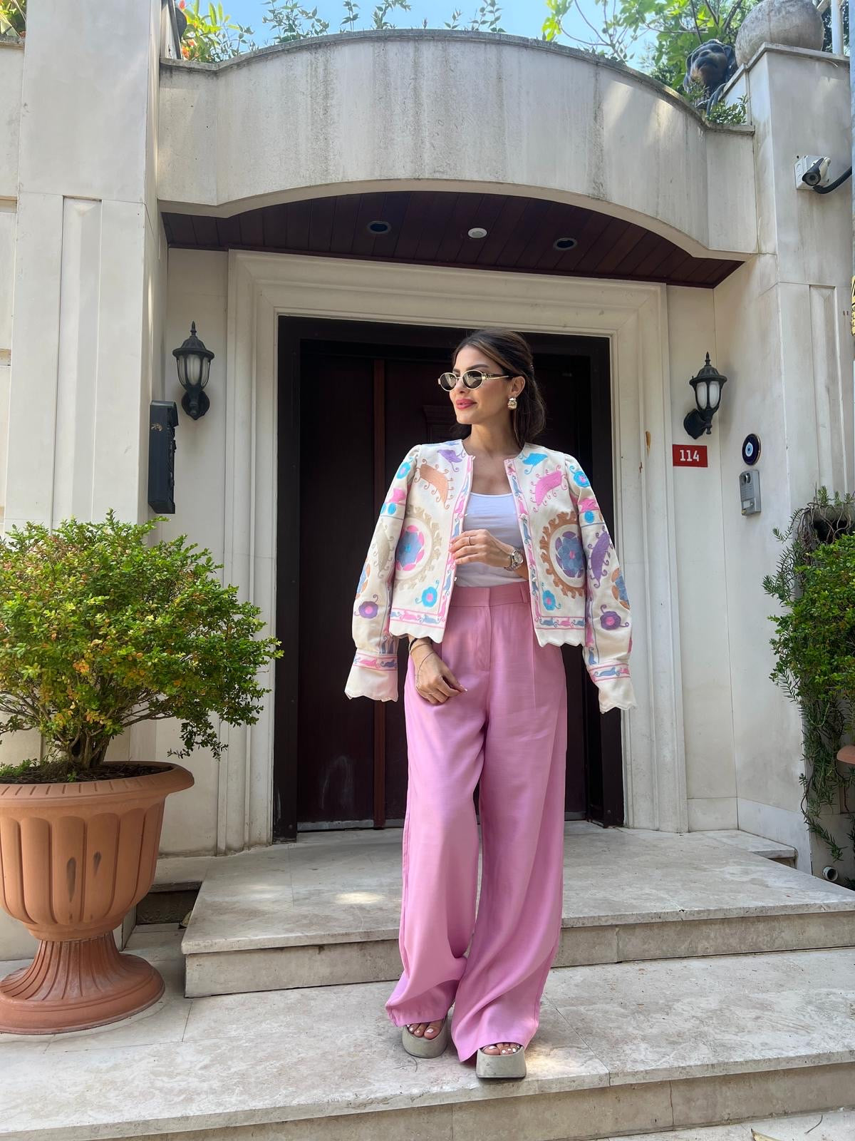 Preorder Christie pink floral embroidered jacket