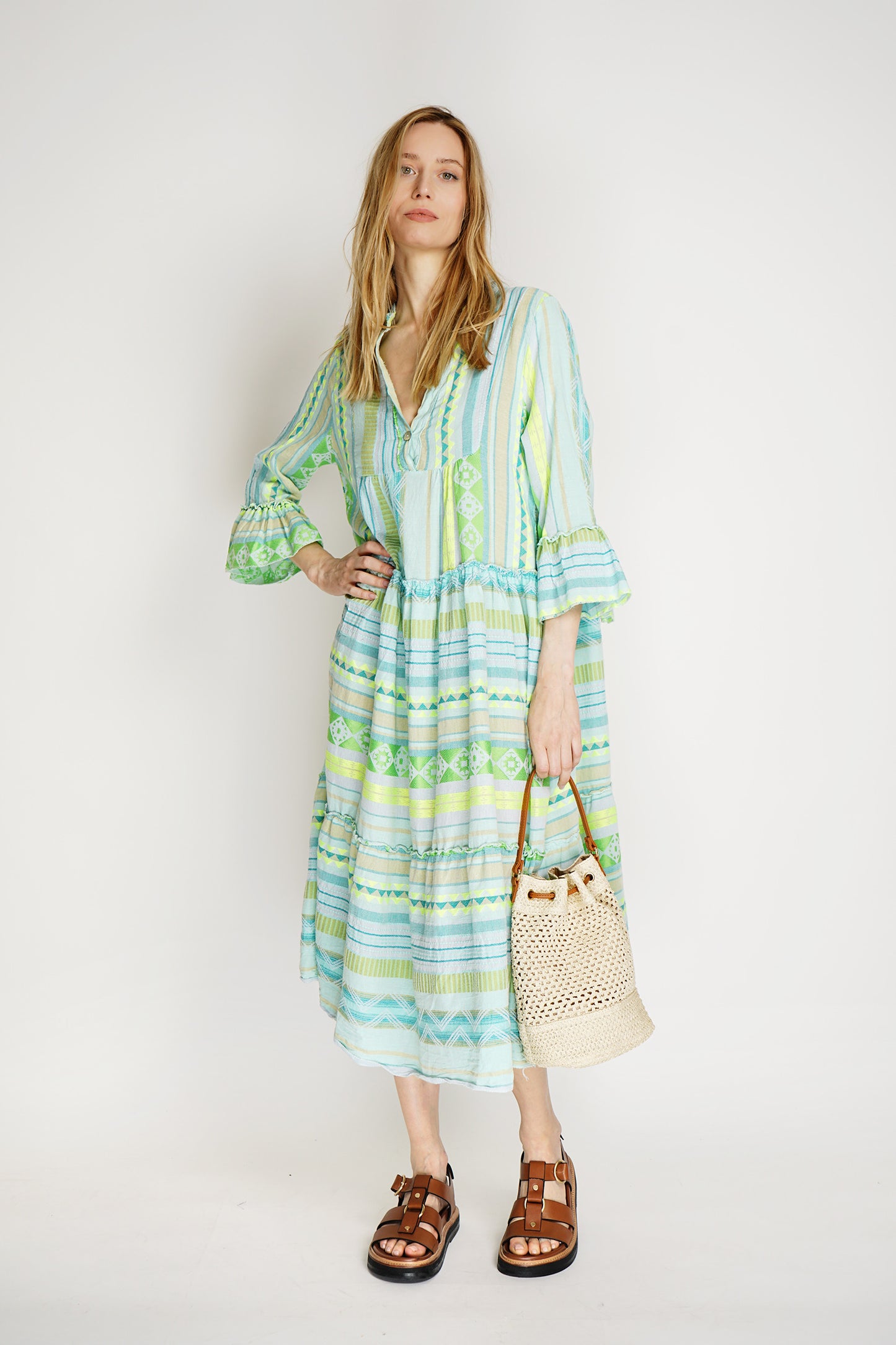 Lime green striped kaftan beach dress