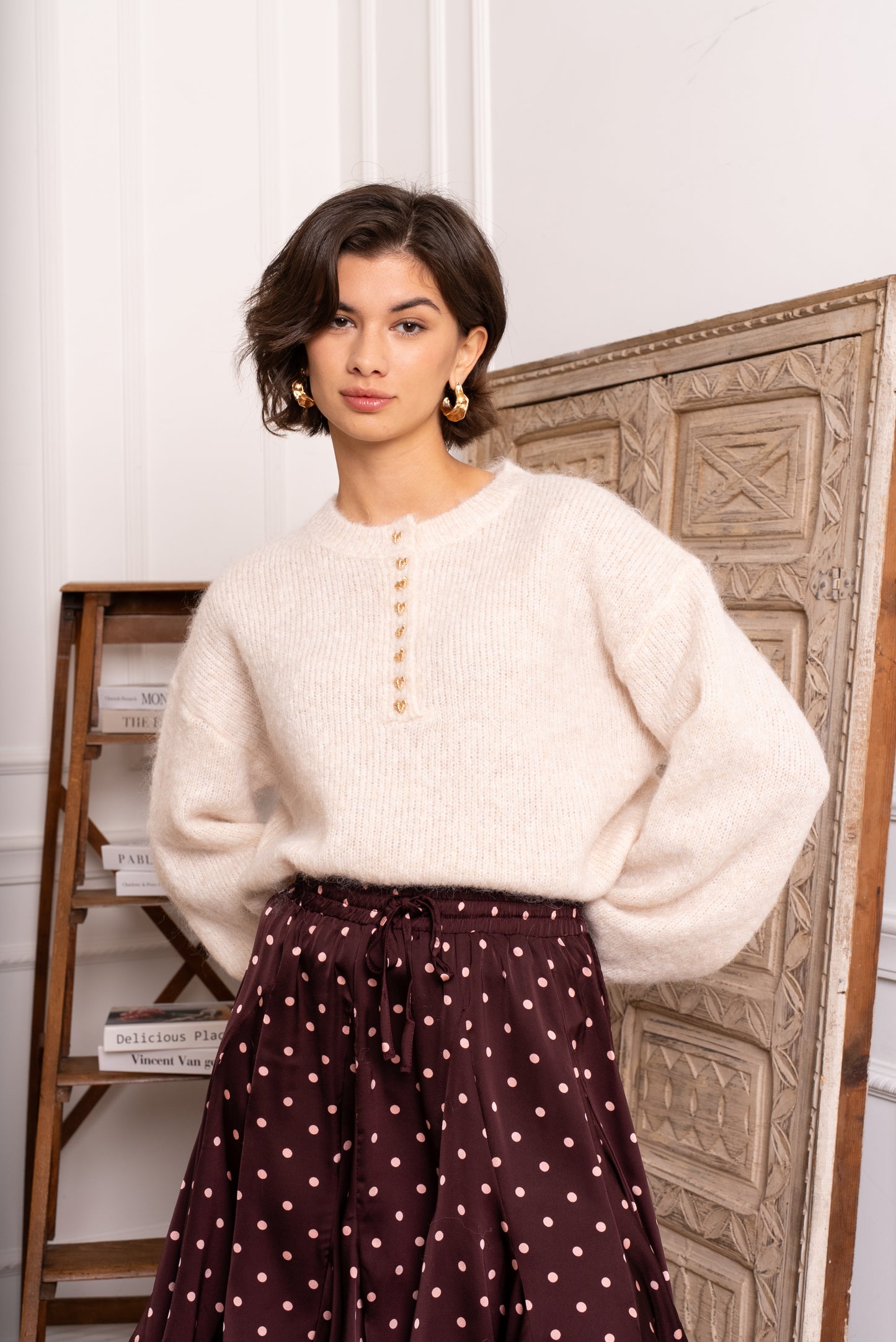 Iris gold heart buttoned ivory jumper