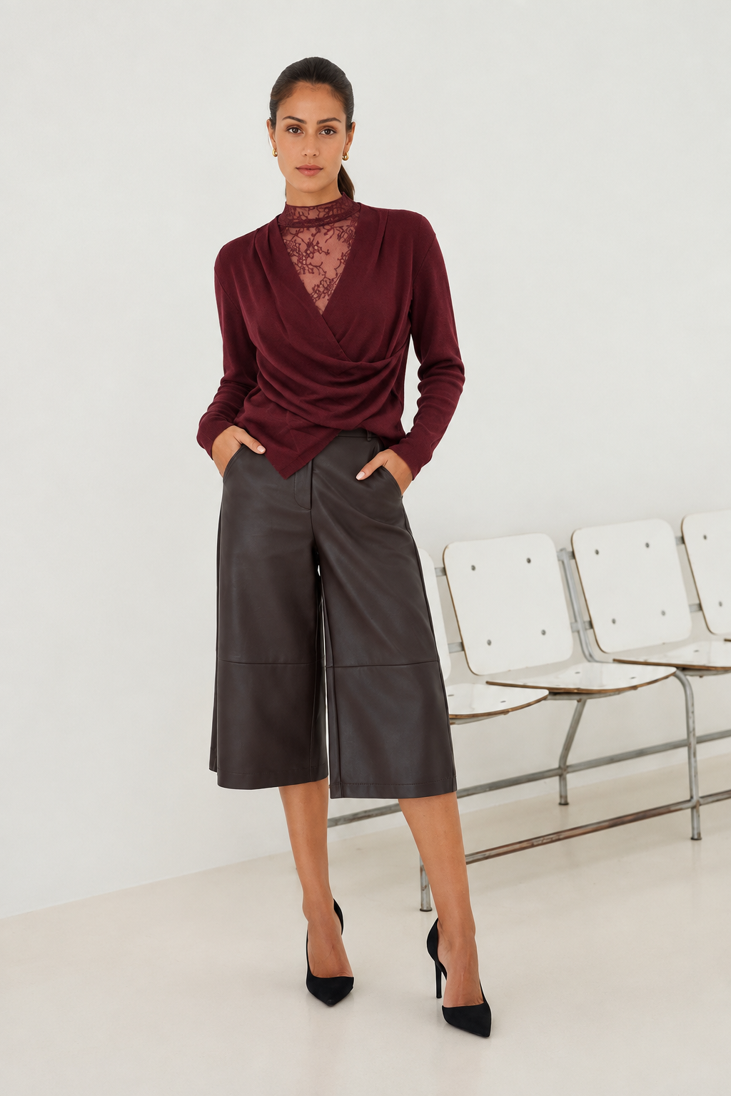 Grace burgundy lace wrap knit top