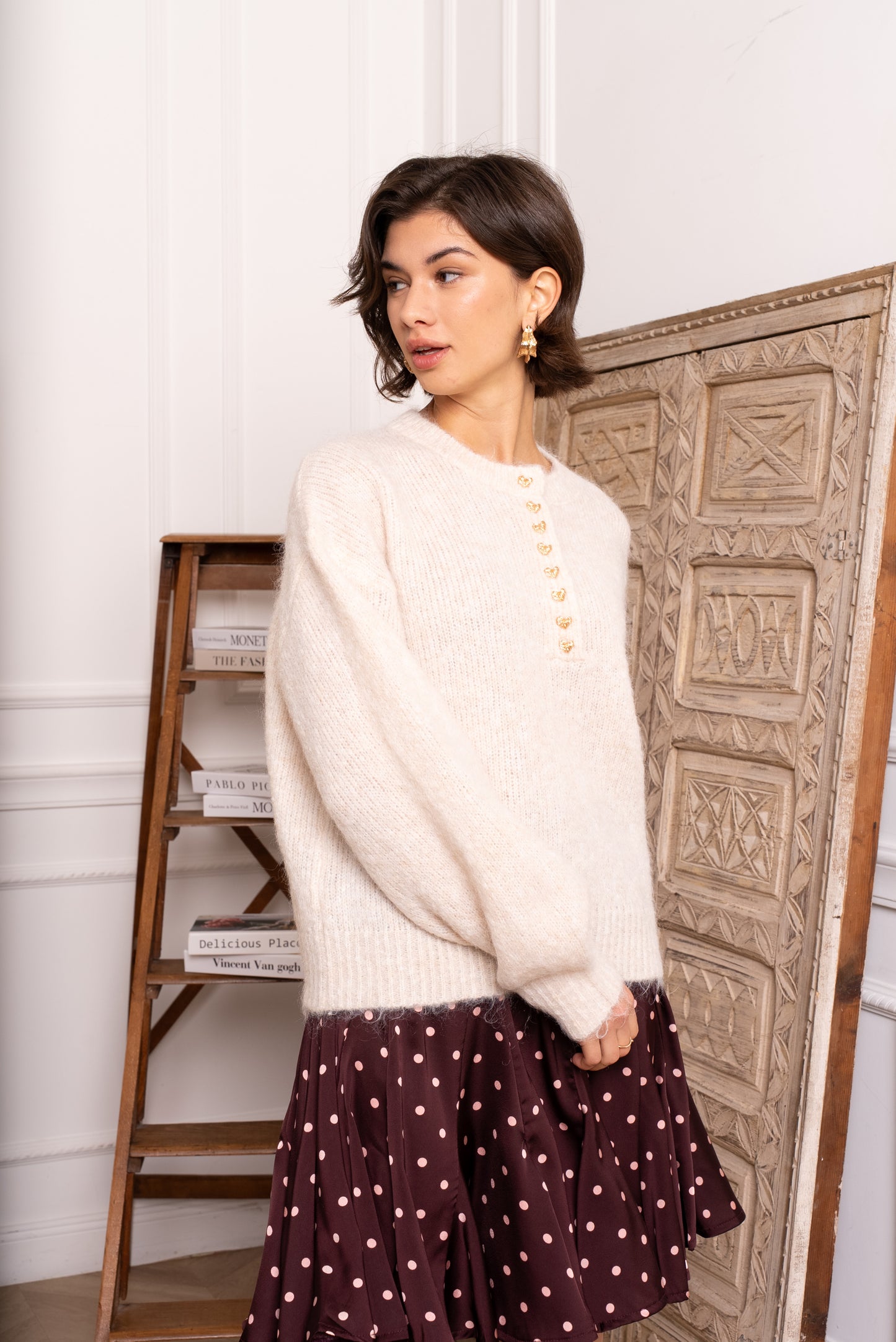 Iris gold heart buttoned ivory jumper