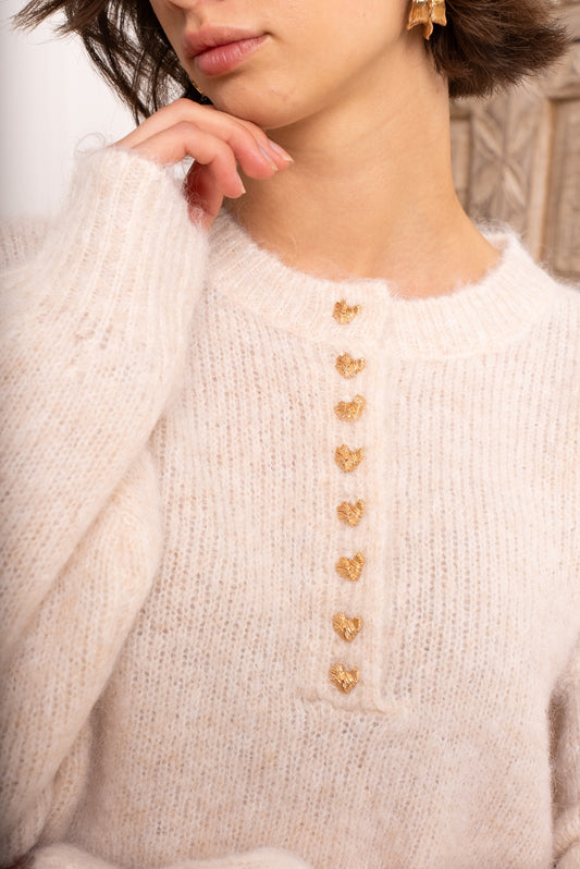 Iris gold heart buttoned ivory jumper