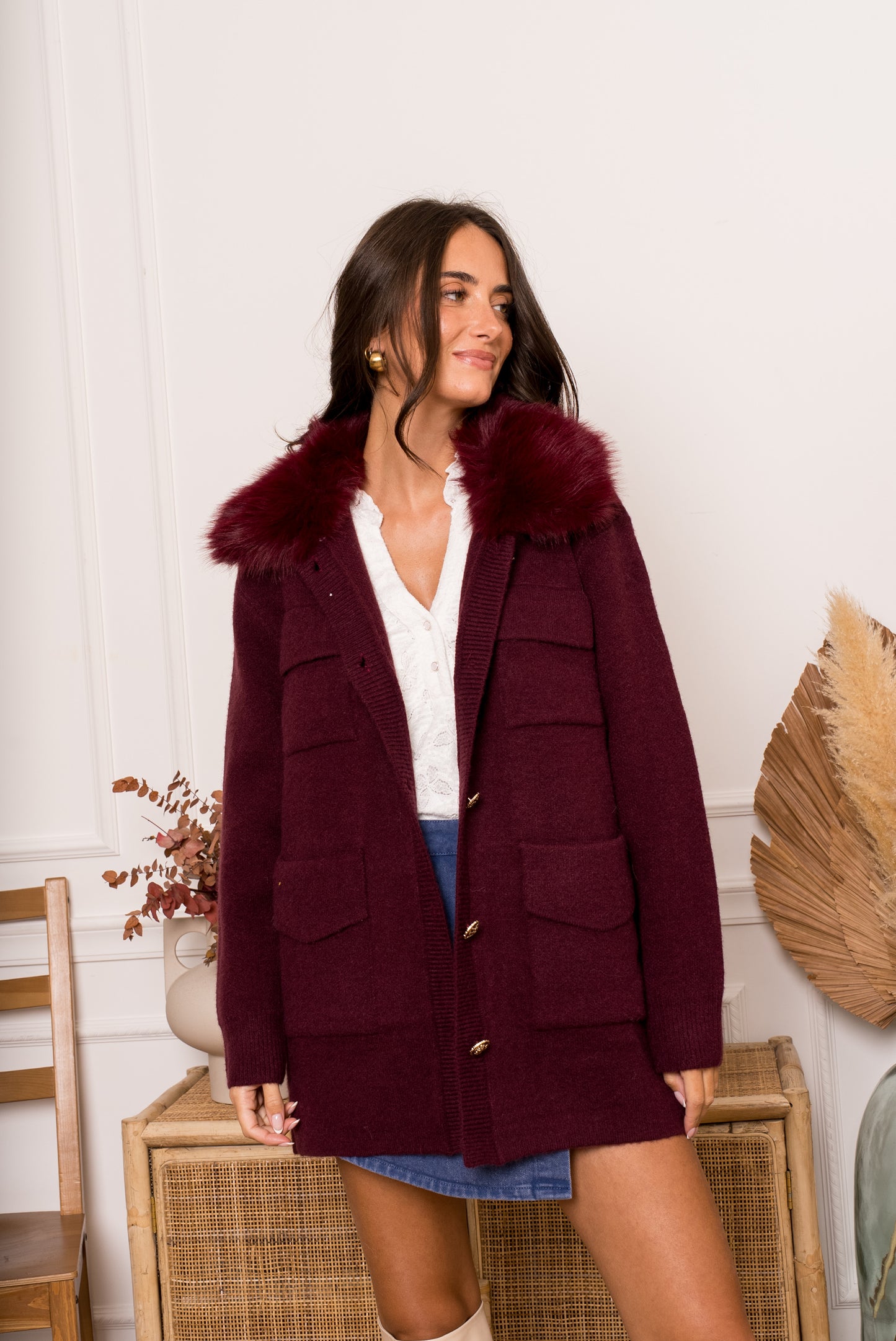 Elodie burgundy fur collar long cardigan