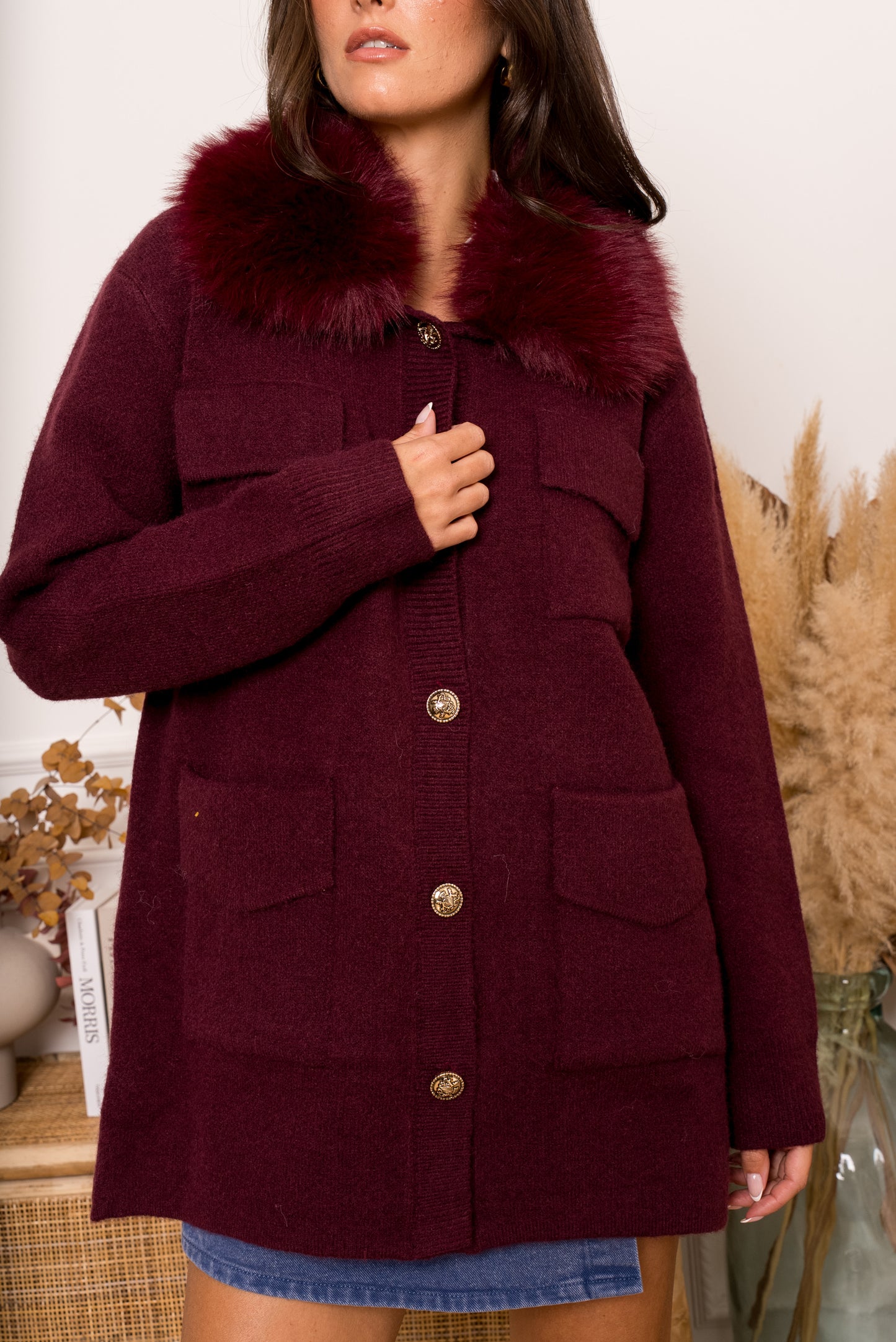 Elodie burgundy fur collar long cardigan