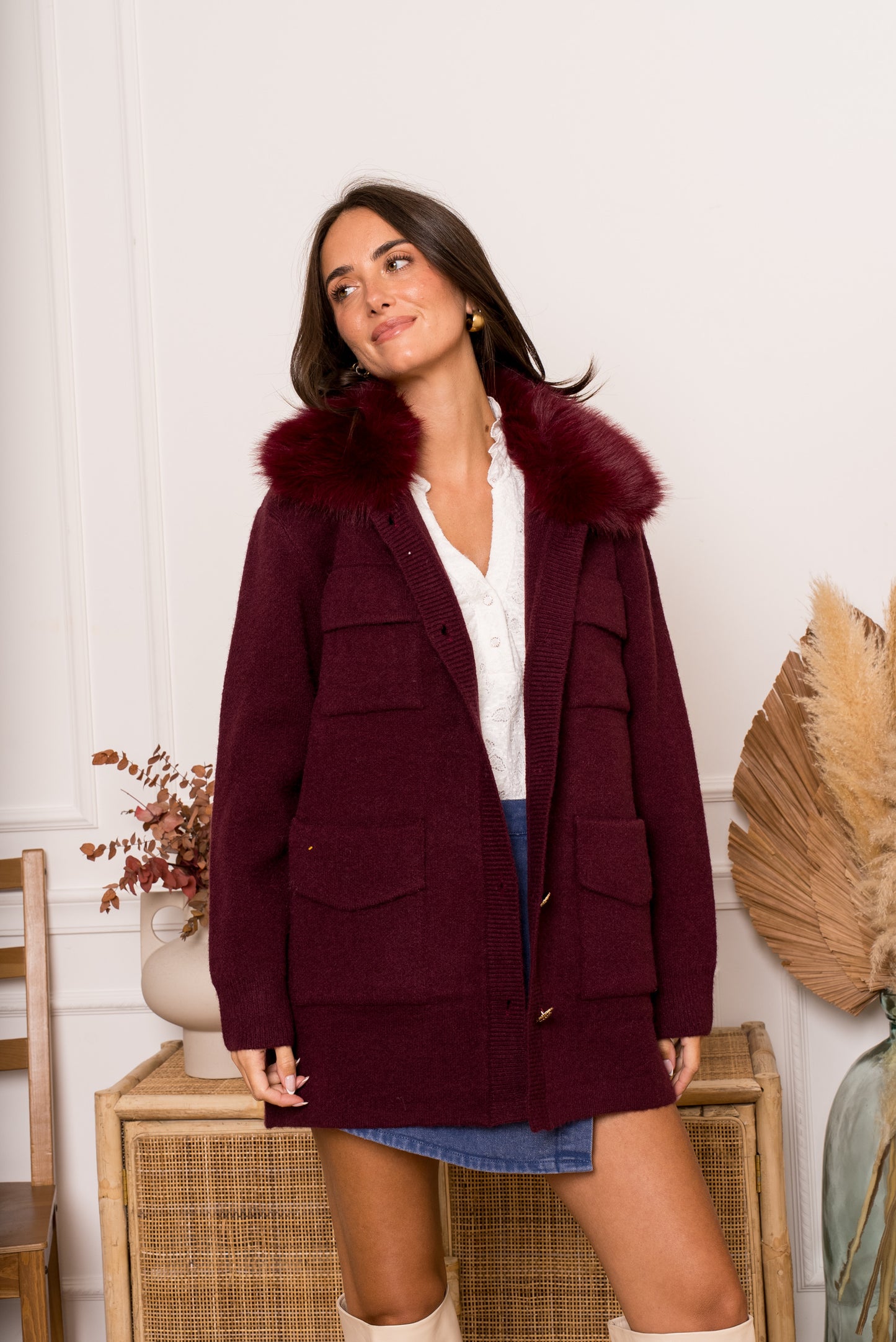 Elodie burgundy fur collar long cardigan