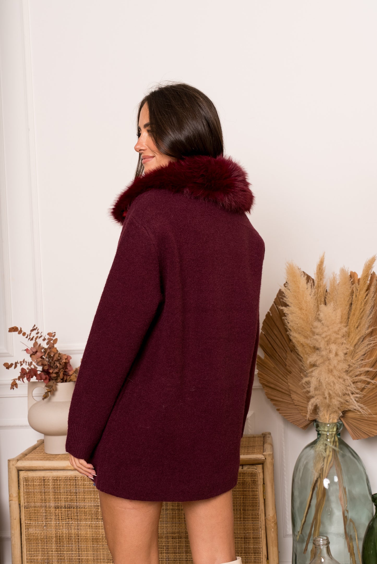 Elodie burgundy fur collar long cardigan