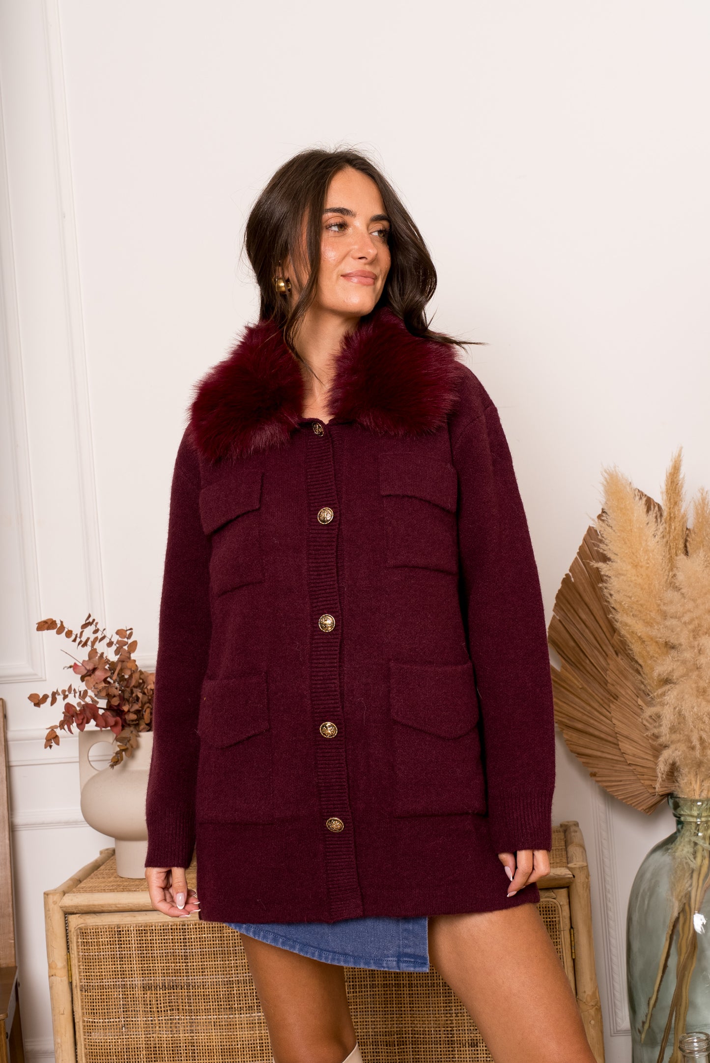 Elodie burgundy fur collar long cardigan