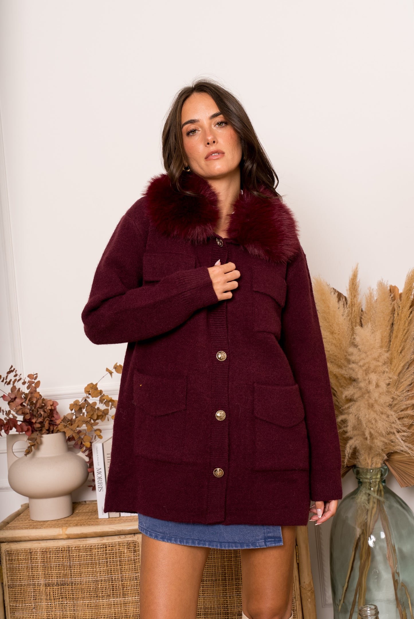 Elodie burgundy fur collar long cardigan