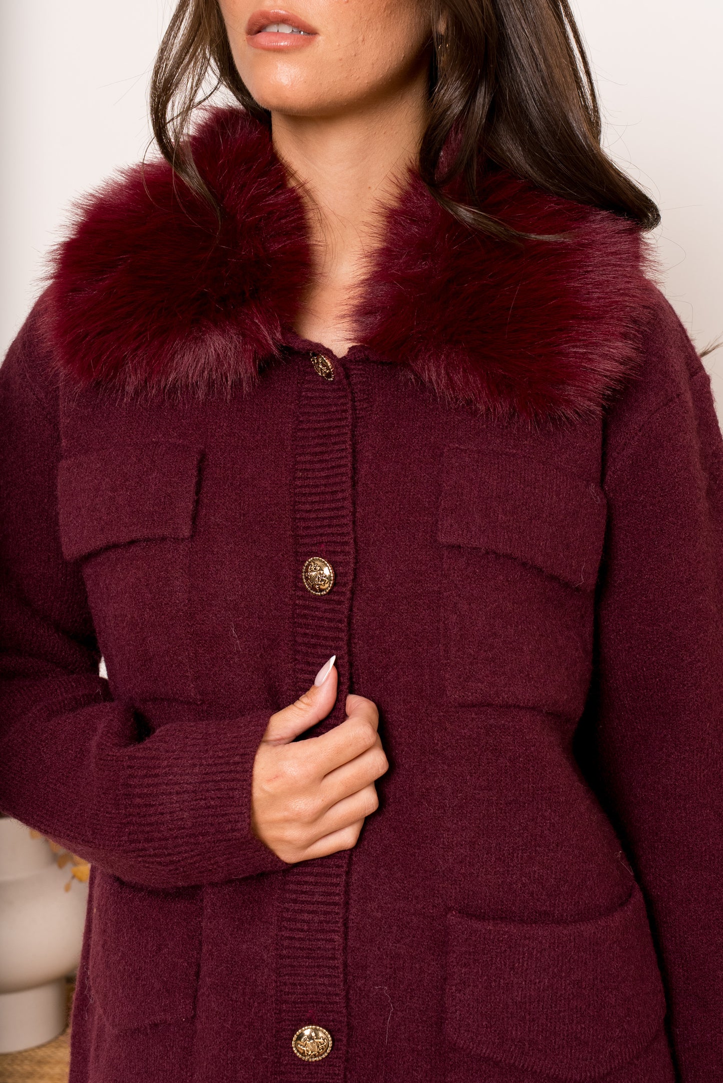 Elodie burgundy fur collar long cardigan