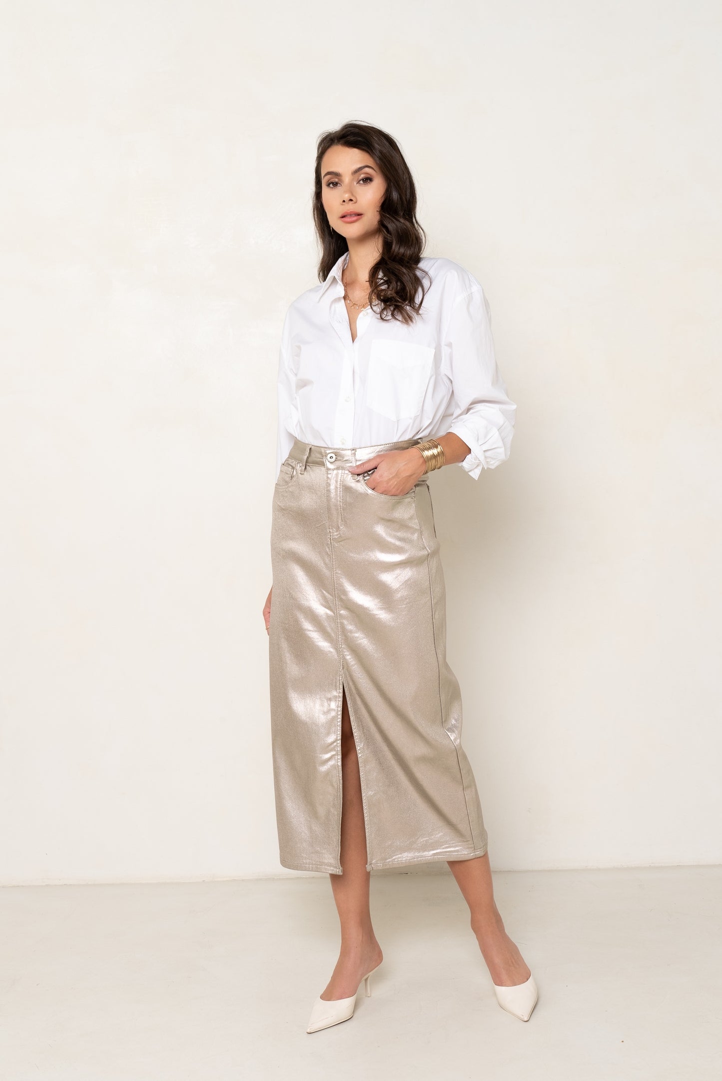 Silver metallic midi skirt
