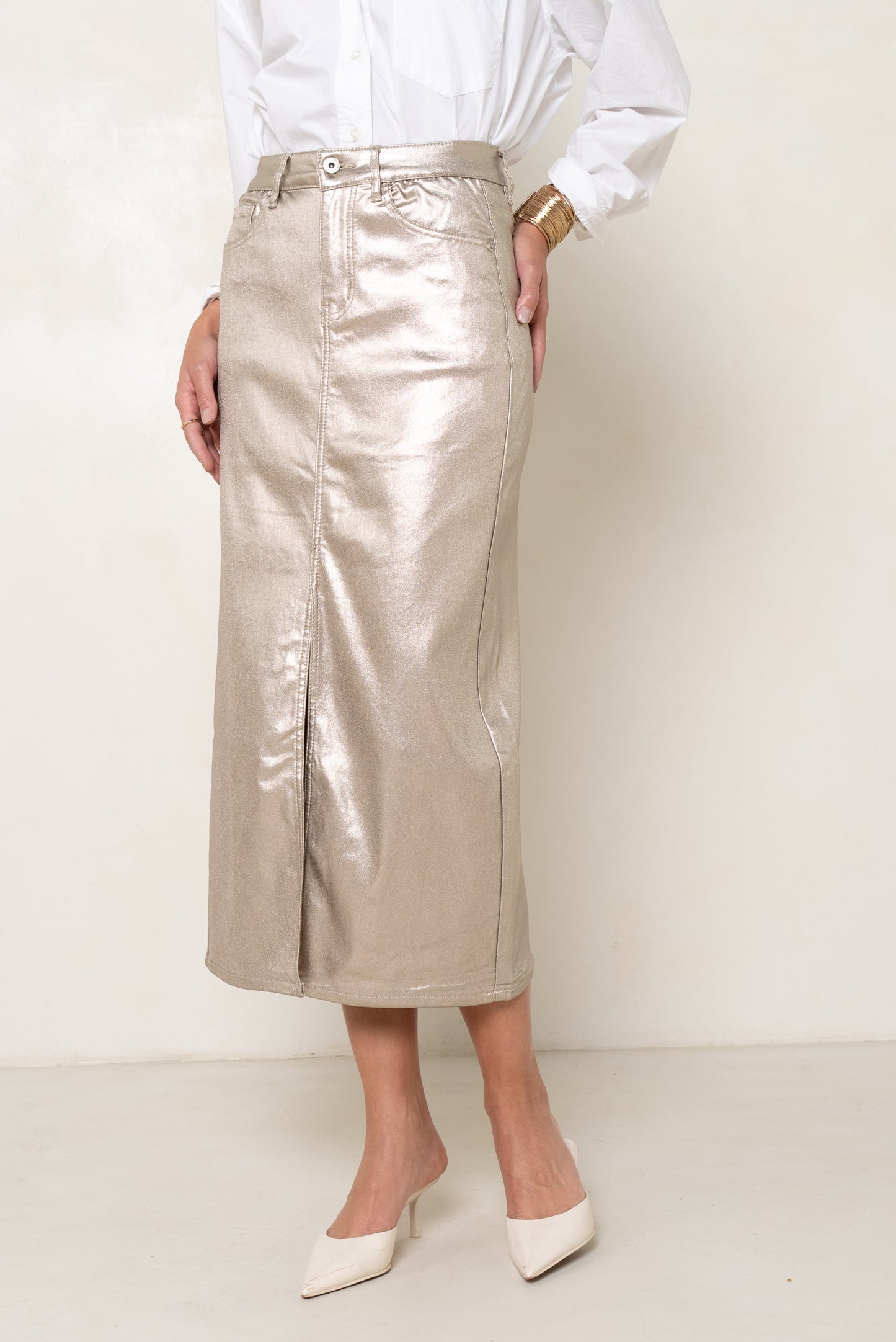 Silver metallic midi skirt
