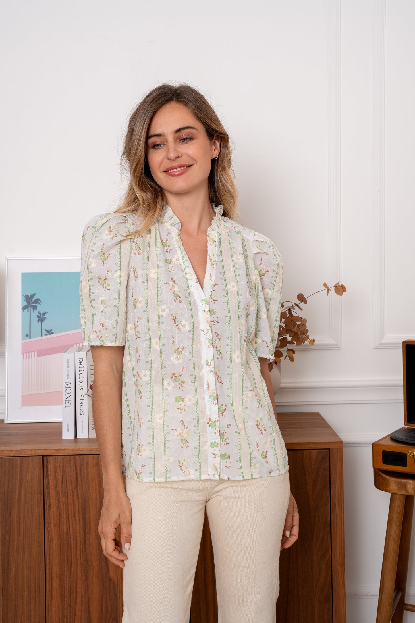 Rosemary sage green floral stripe blouse