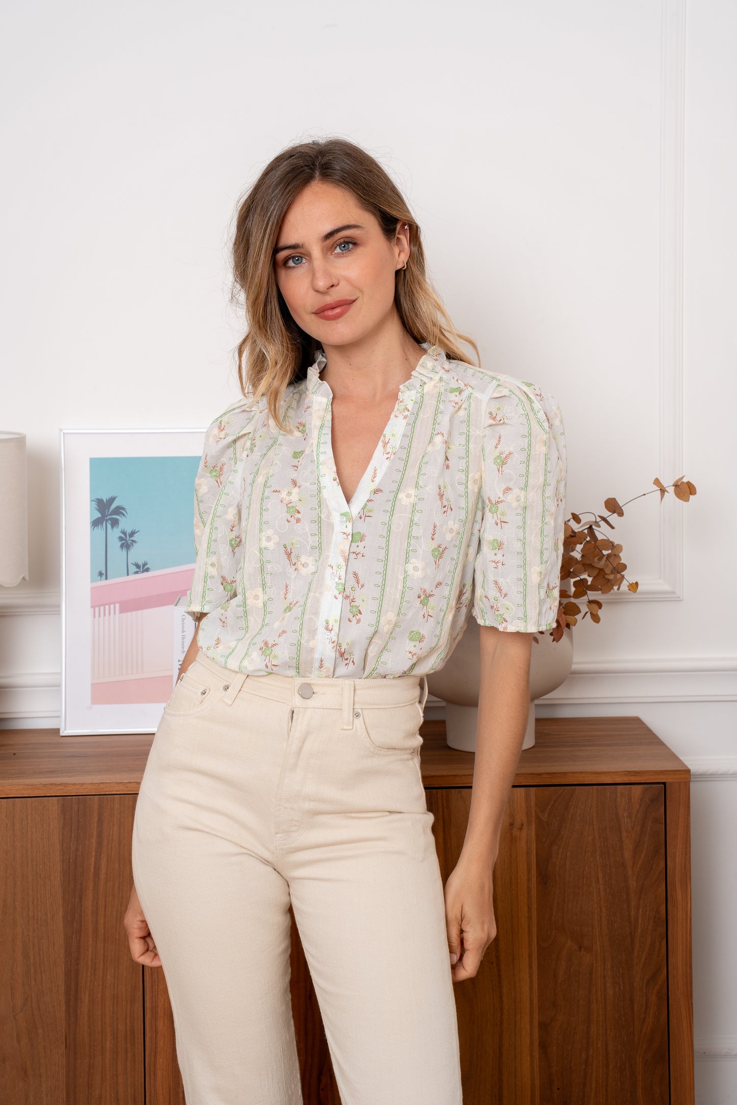 Rosemary sage green floral stripe blouse
