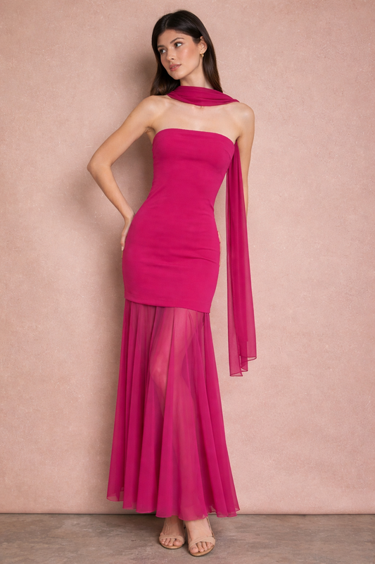 Elodie magenta neck scarf pleated dress