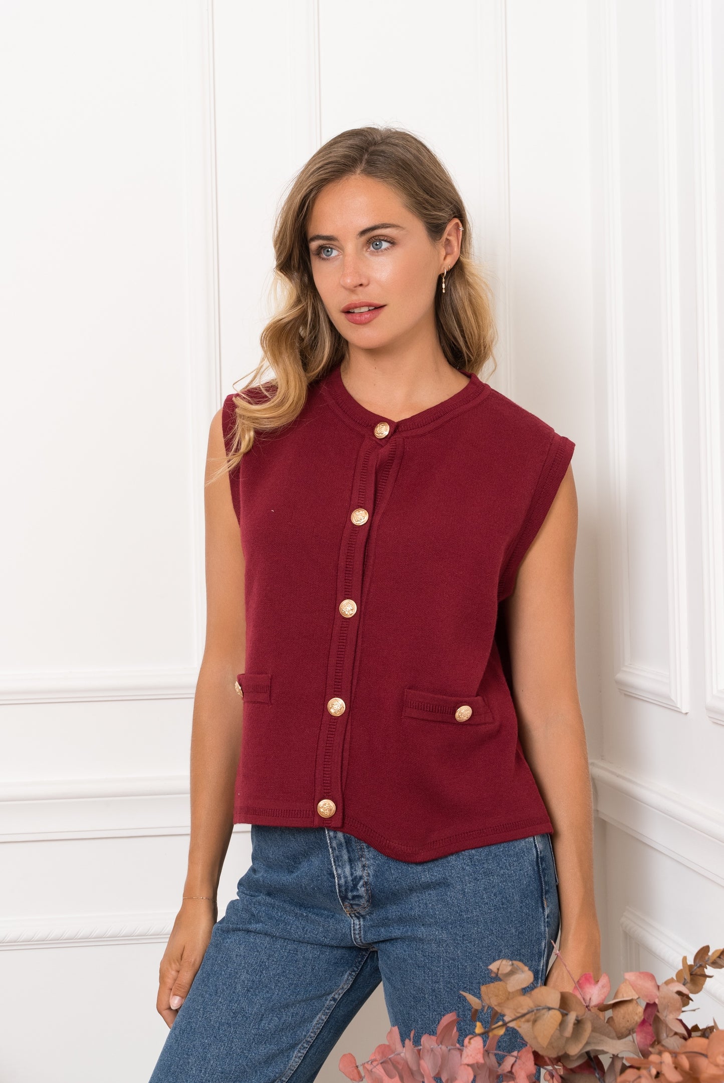 Maya Sleeveless Cardigan with gold buttons