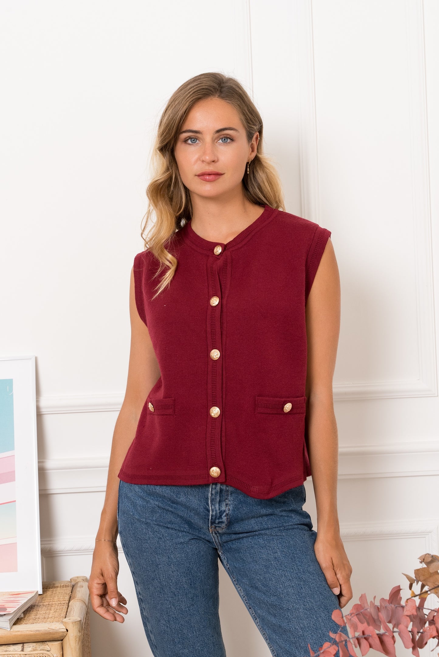 Maya Sleeveless Cardigan with gold buttons