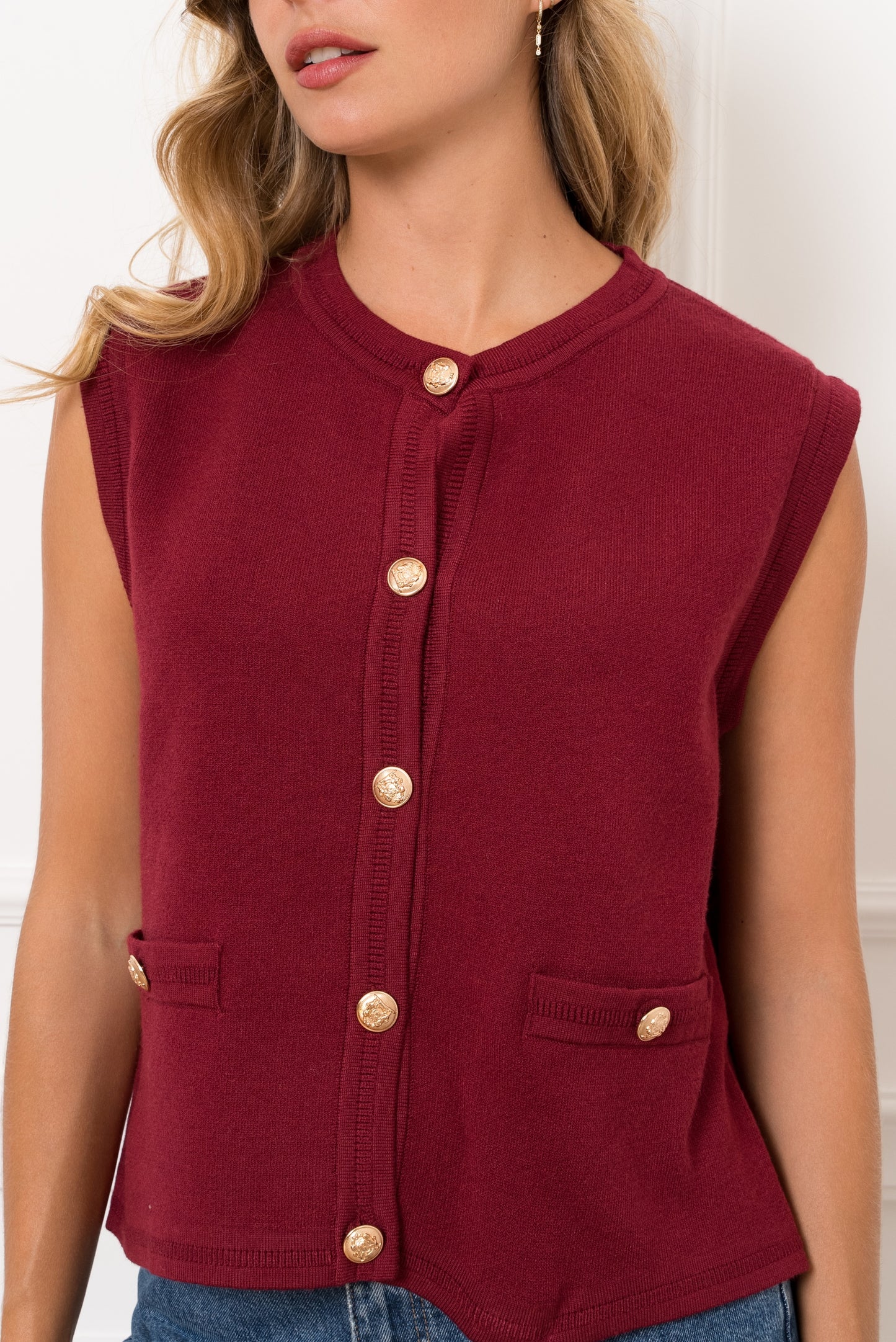 Maya Sleeveless Cardigan with gold buttons