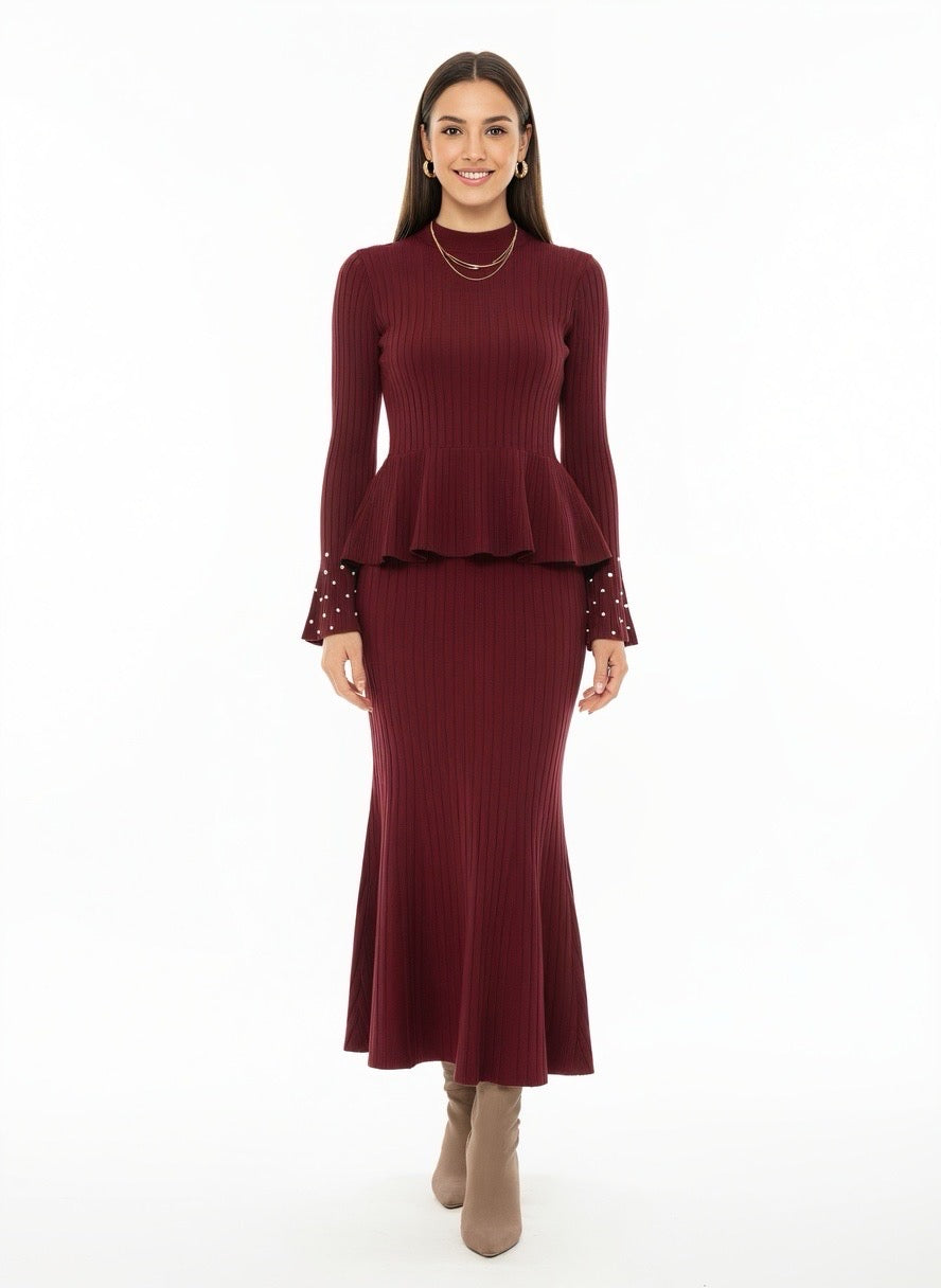 Sofia burgundy coord cardigan and skirt set