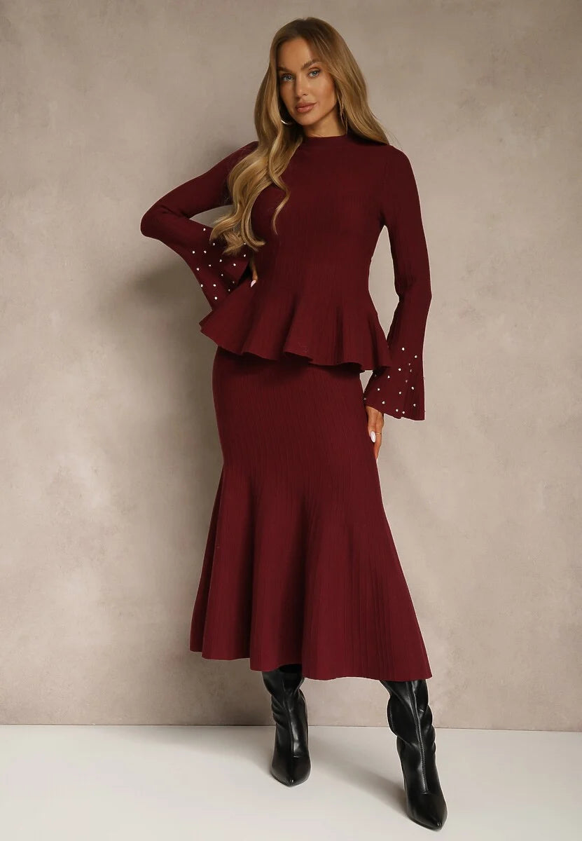 Sofia burgundy coord cardigan and skirt set