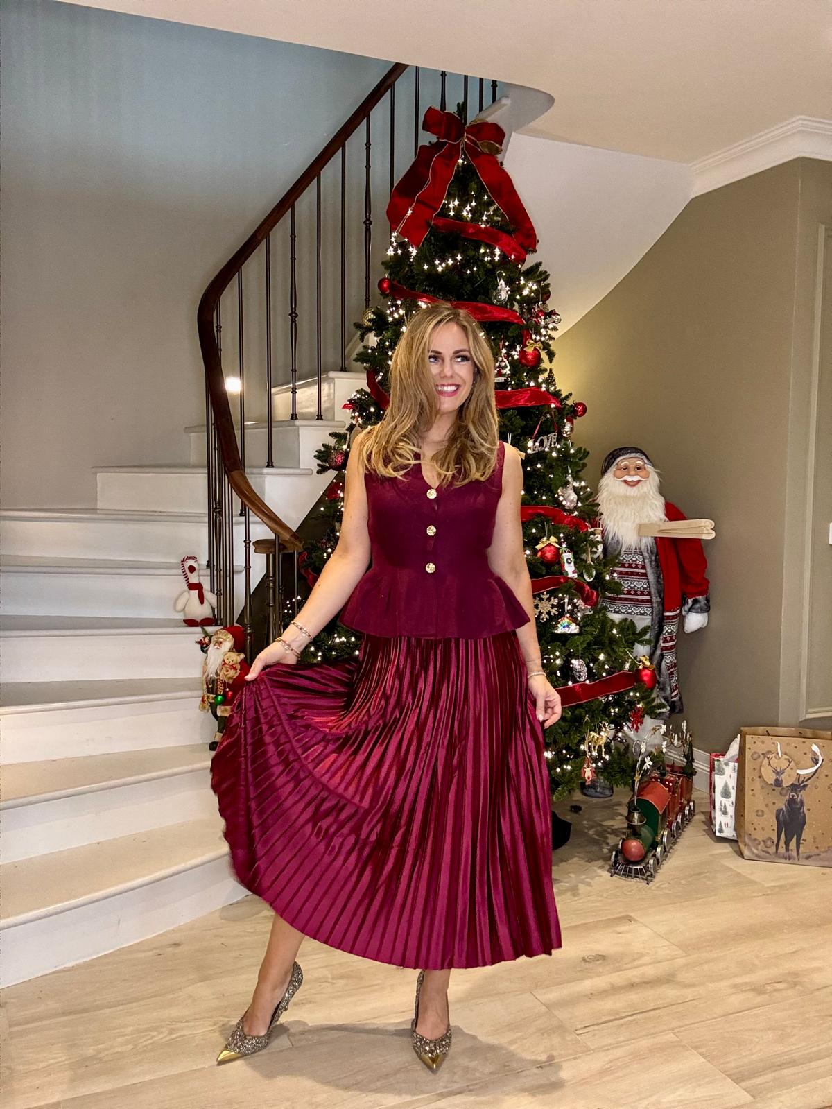 Wren burgundy peplum knit top gold buttons