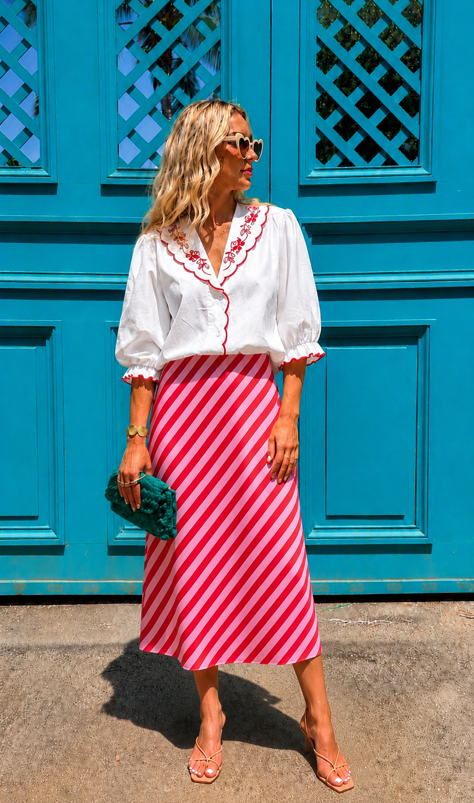 Marie pink and red stripe satin skirt
