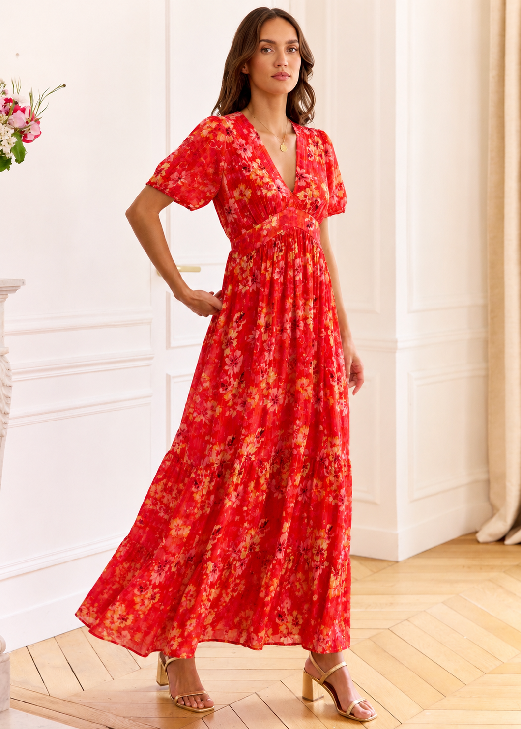 Ellen long floral red summer dress