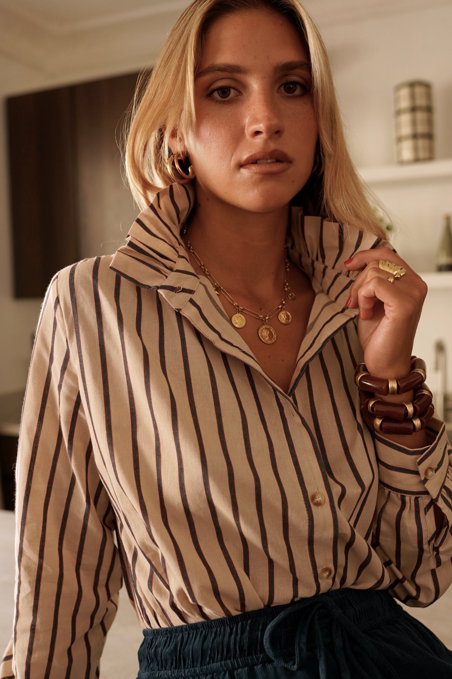 Felicity taupe stripe frill neck blouse
