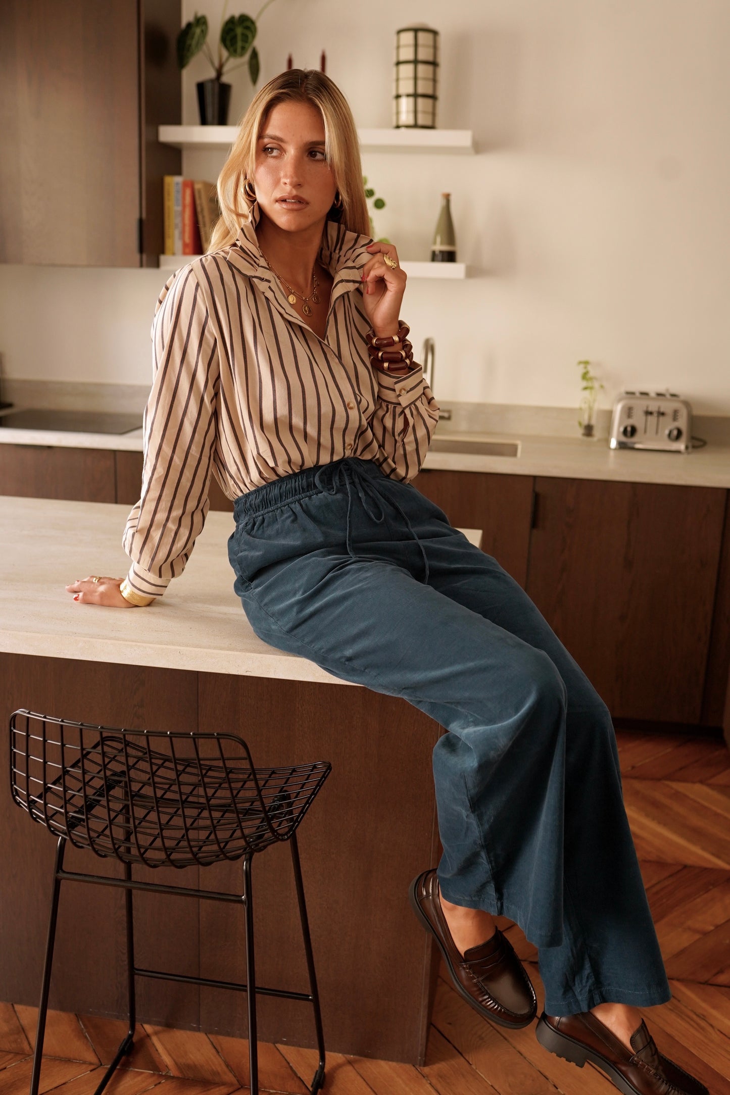 Felicity taupe stripe frill neck blouse