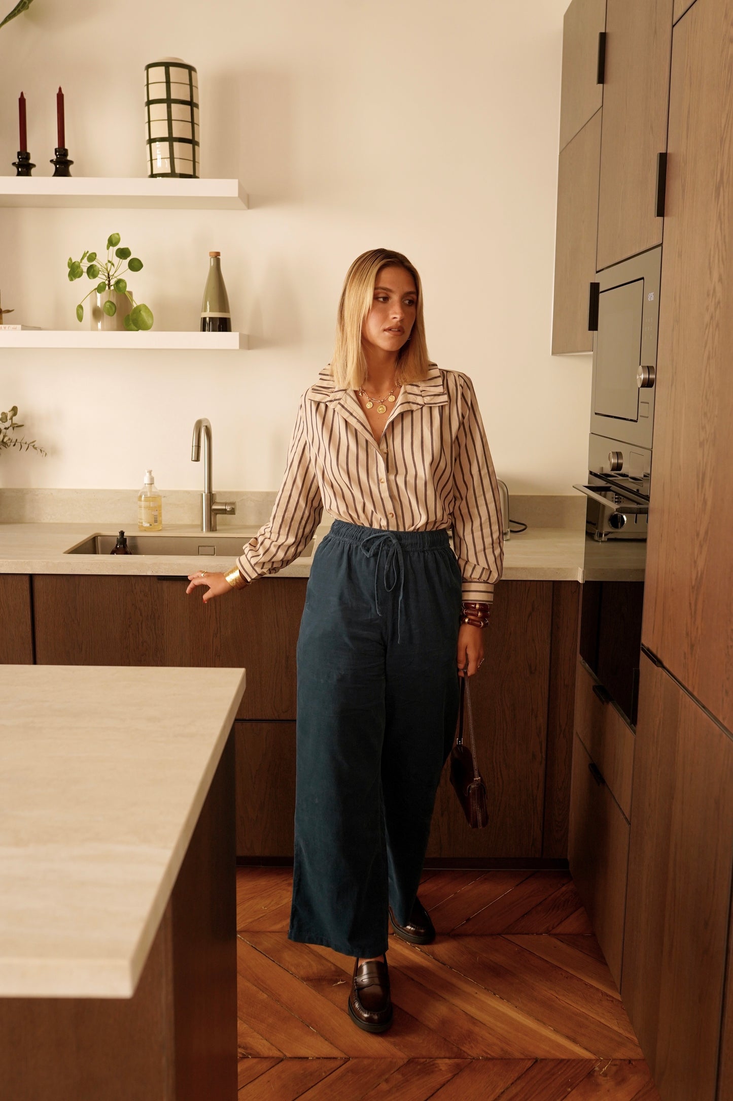 Felicity taupe stripe frill neck blouse