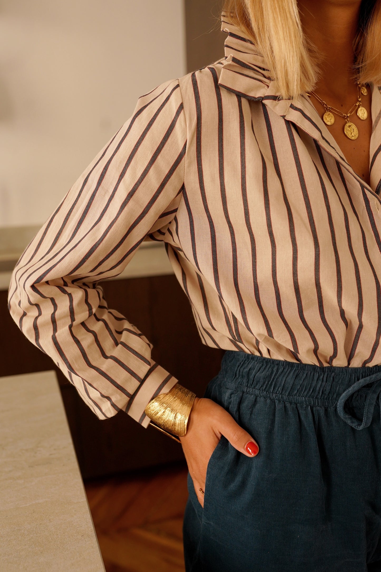 Felicity taupe stripe frill neck blouse