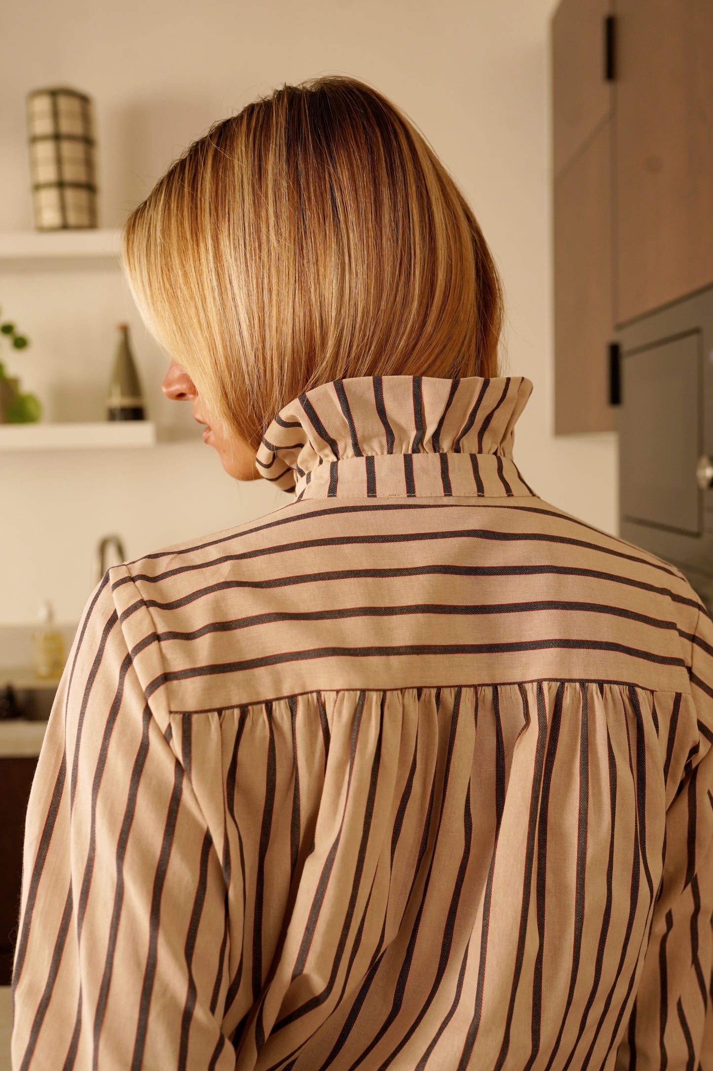 Felicity taupe stripe frill neck blouse