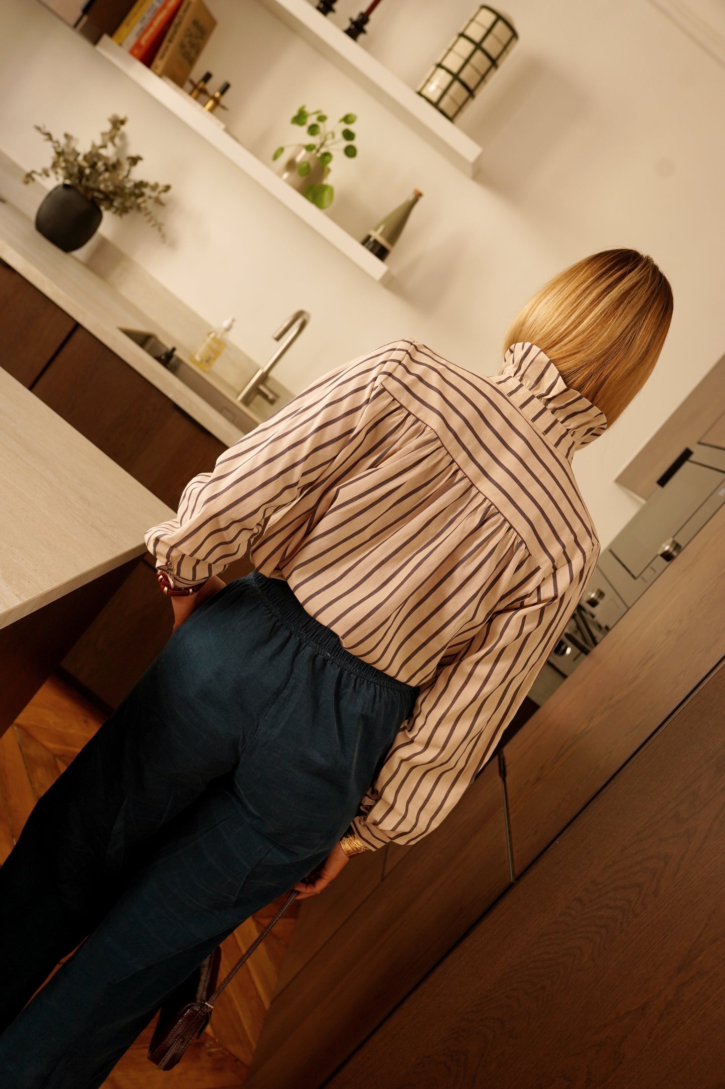 Felicity taupe stripe frill neck blouse