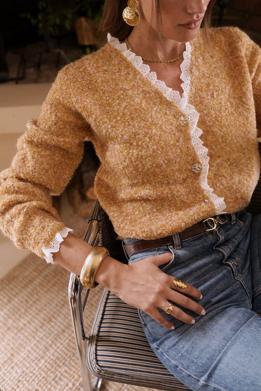 Flora mustard lace trim cardigan