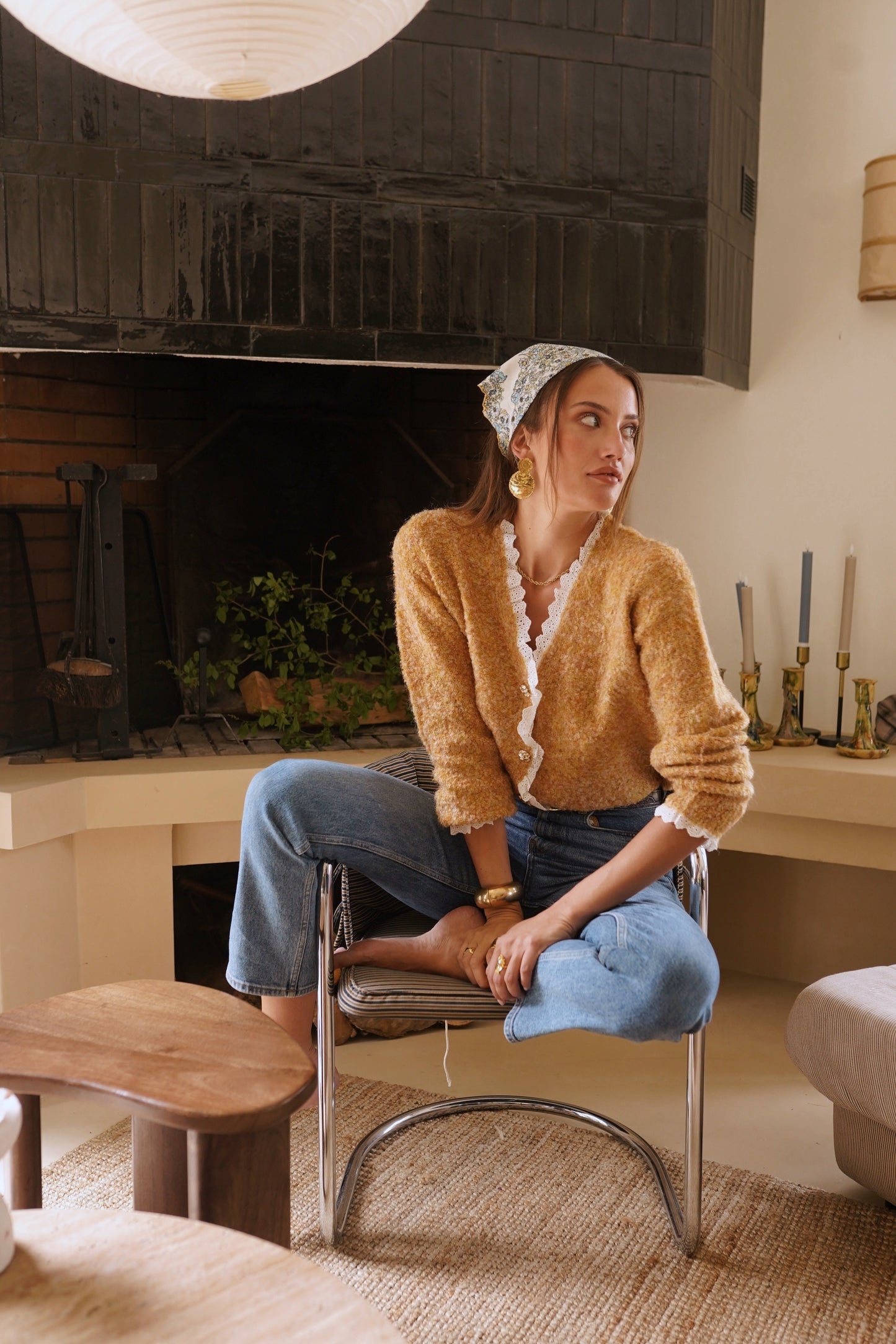 Flora mustard lace trim cardigan