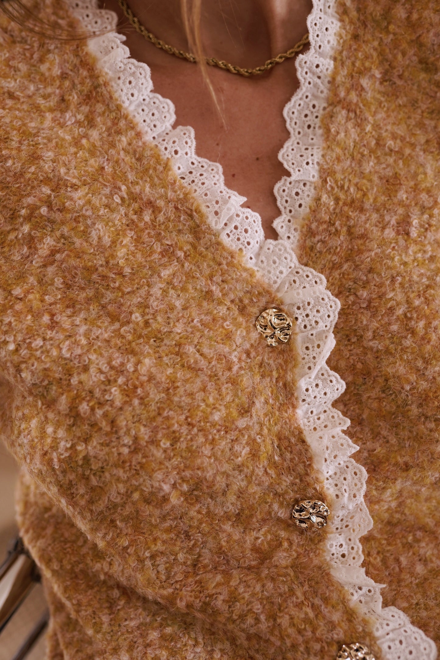 Flora mustard lace trim cardigan