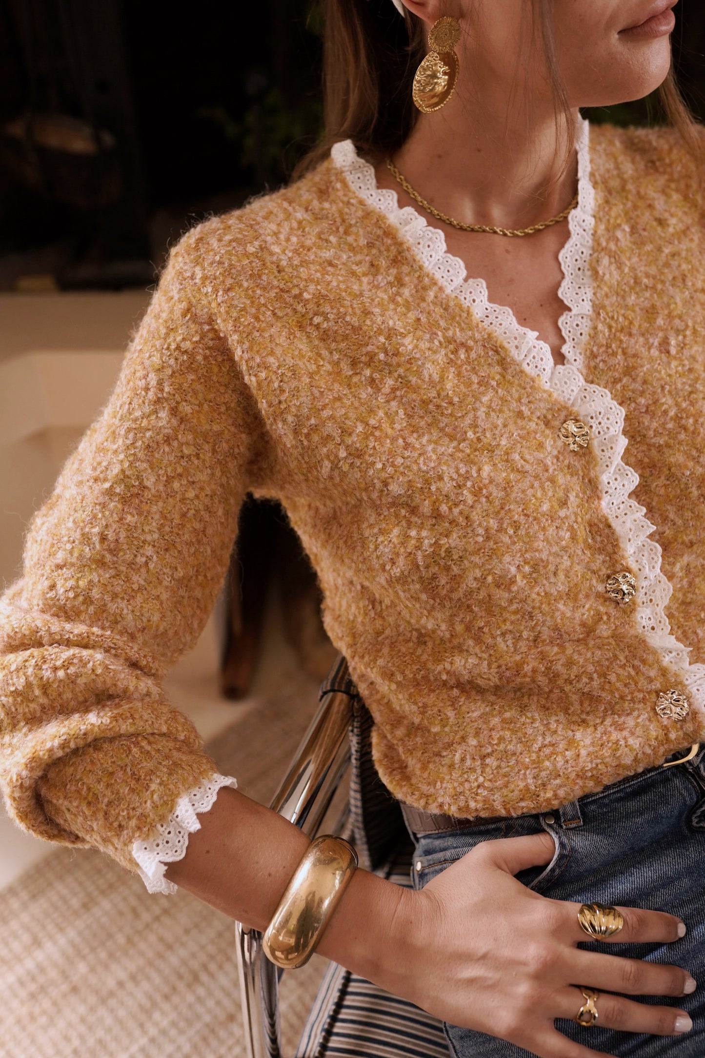 Flora mustard lace trim cardigan