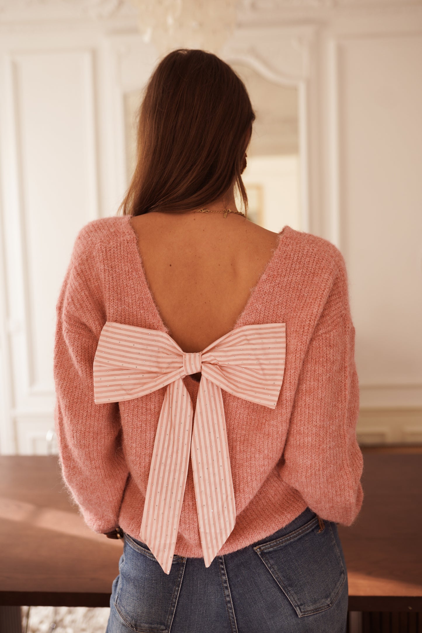 Molly pink stripe bow jumper
