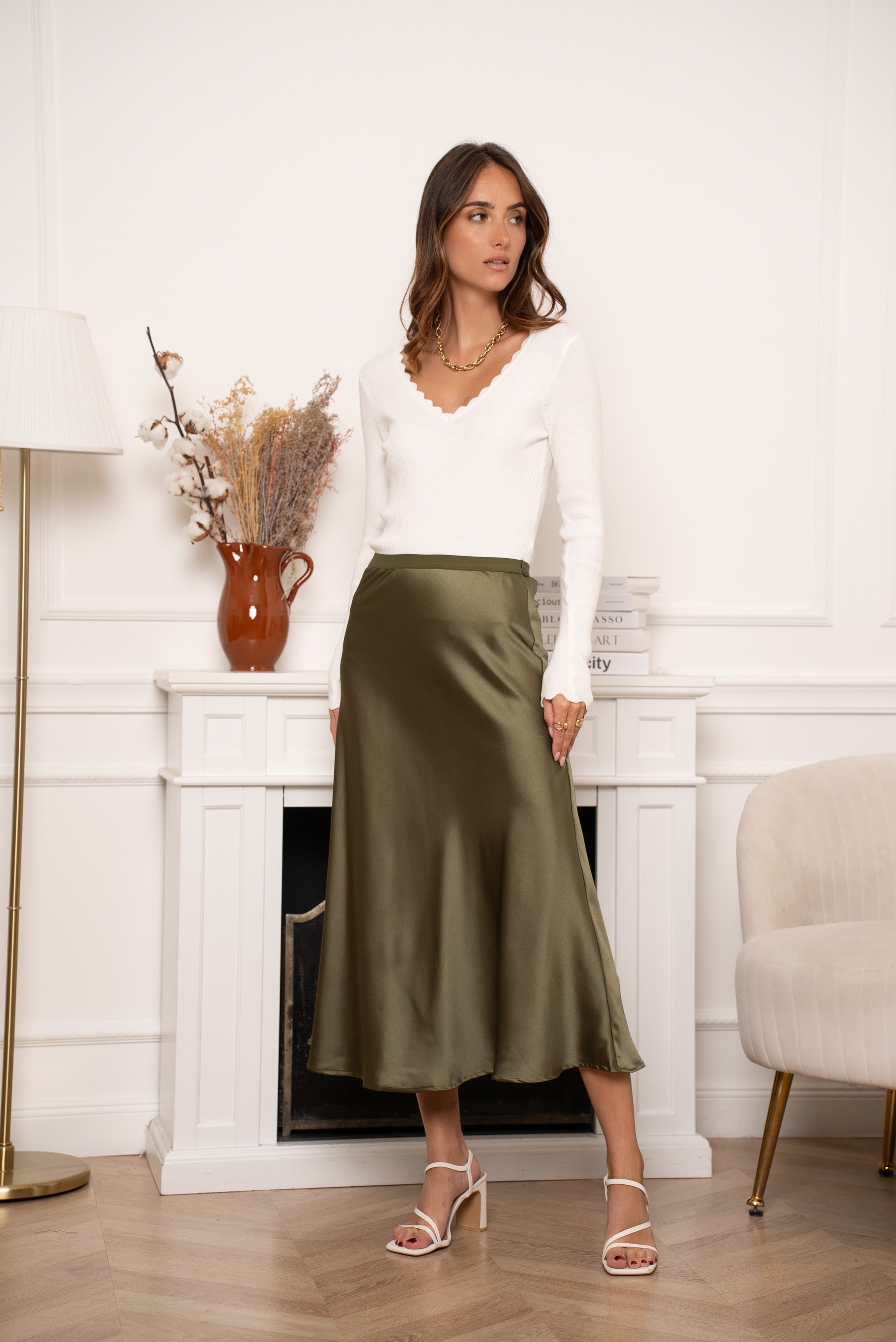 Khaki satin slip skirt adara