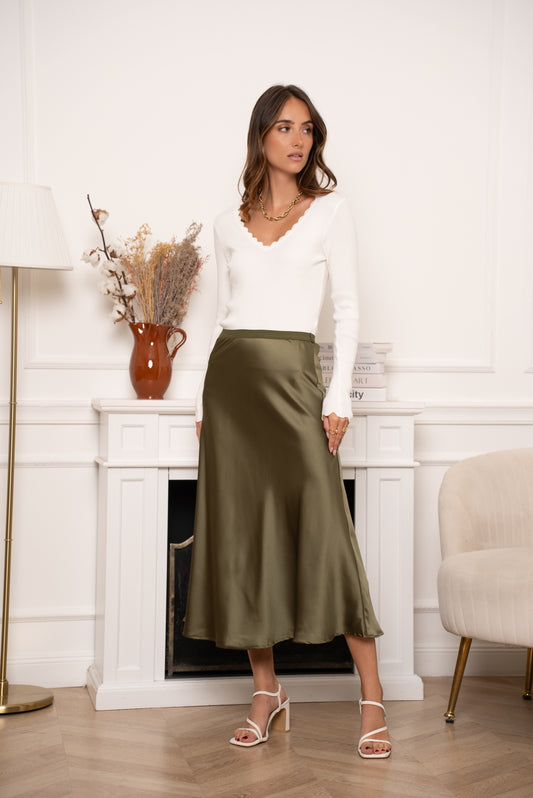 Khaki satin slip skirt