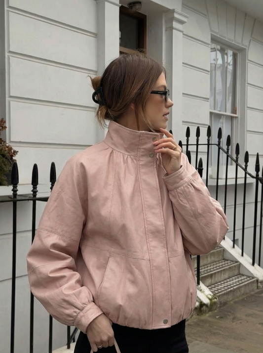 Carly pink leather funnel neck leather jacket