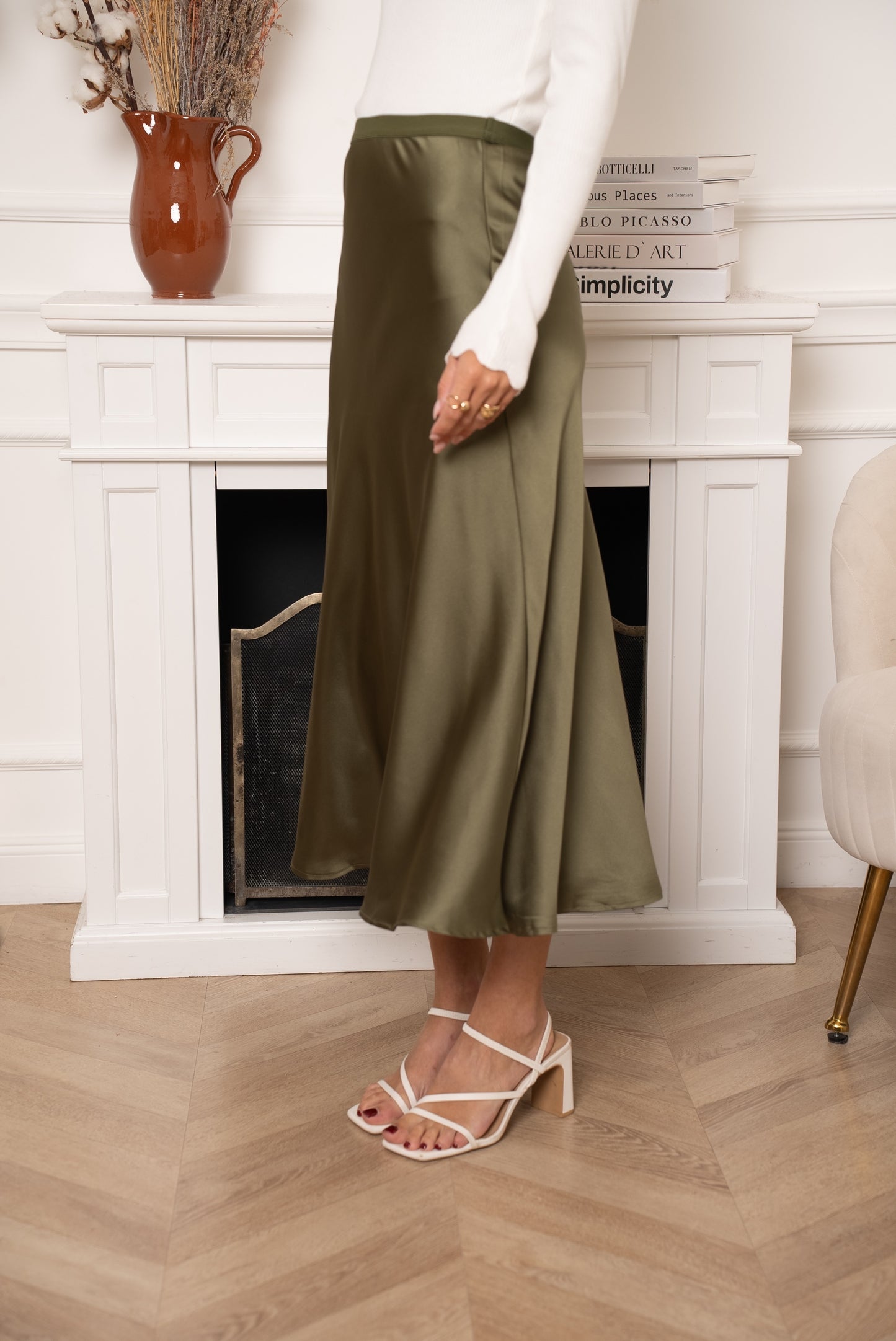 Khaki satin slip skirt