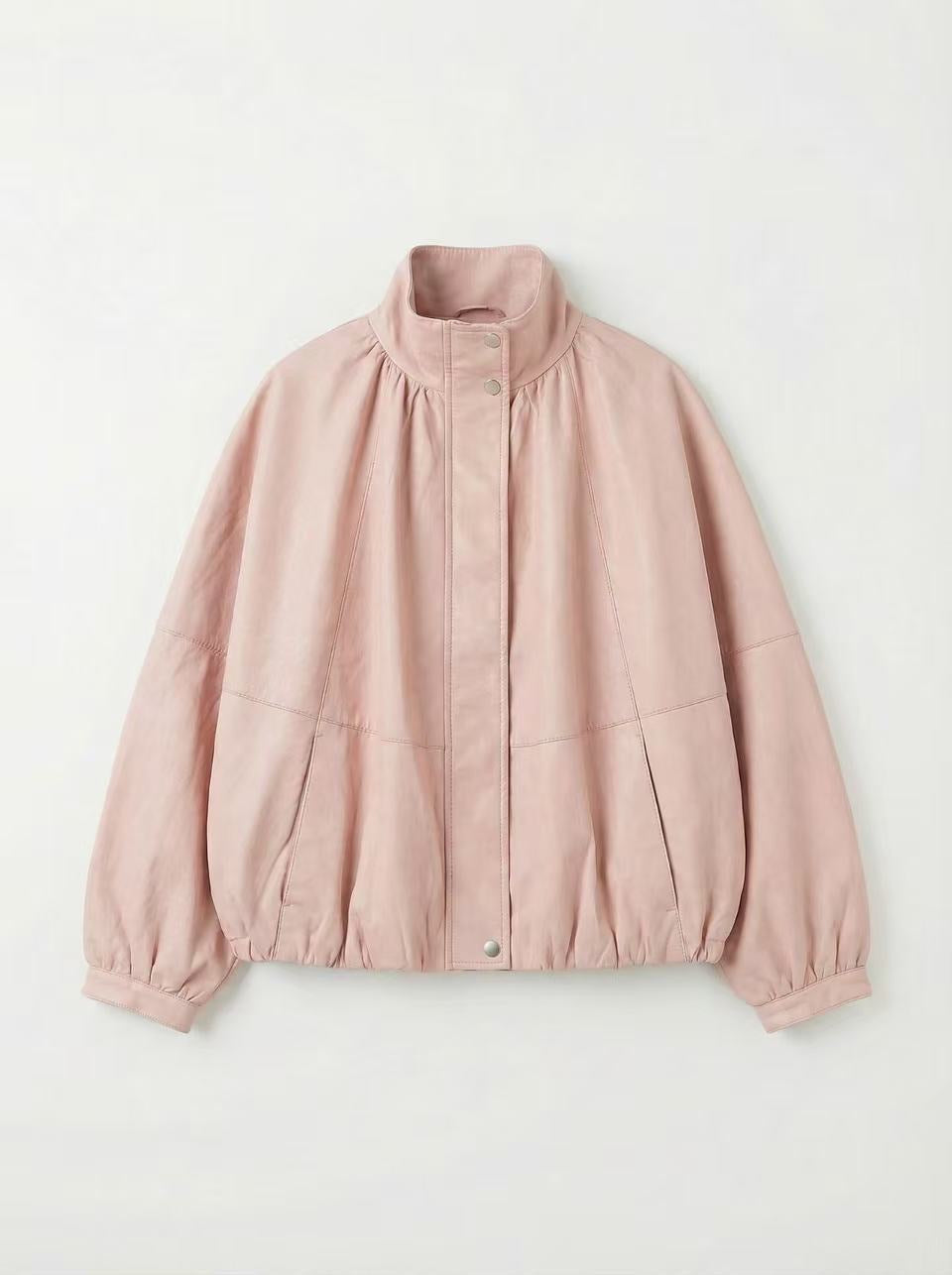 Carly pink leather funnel neck leather jacket