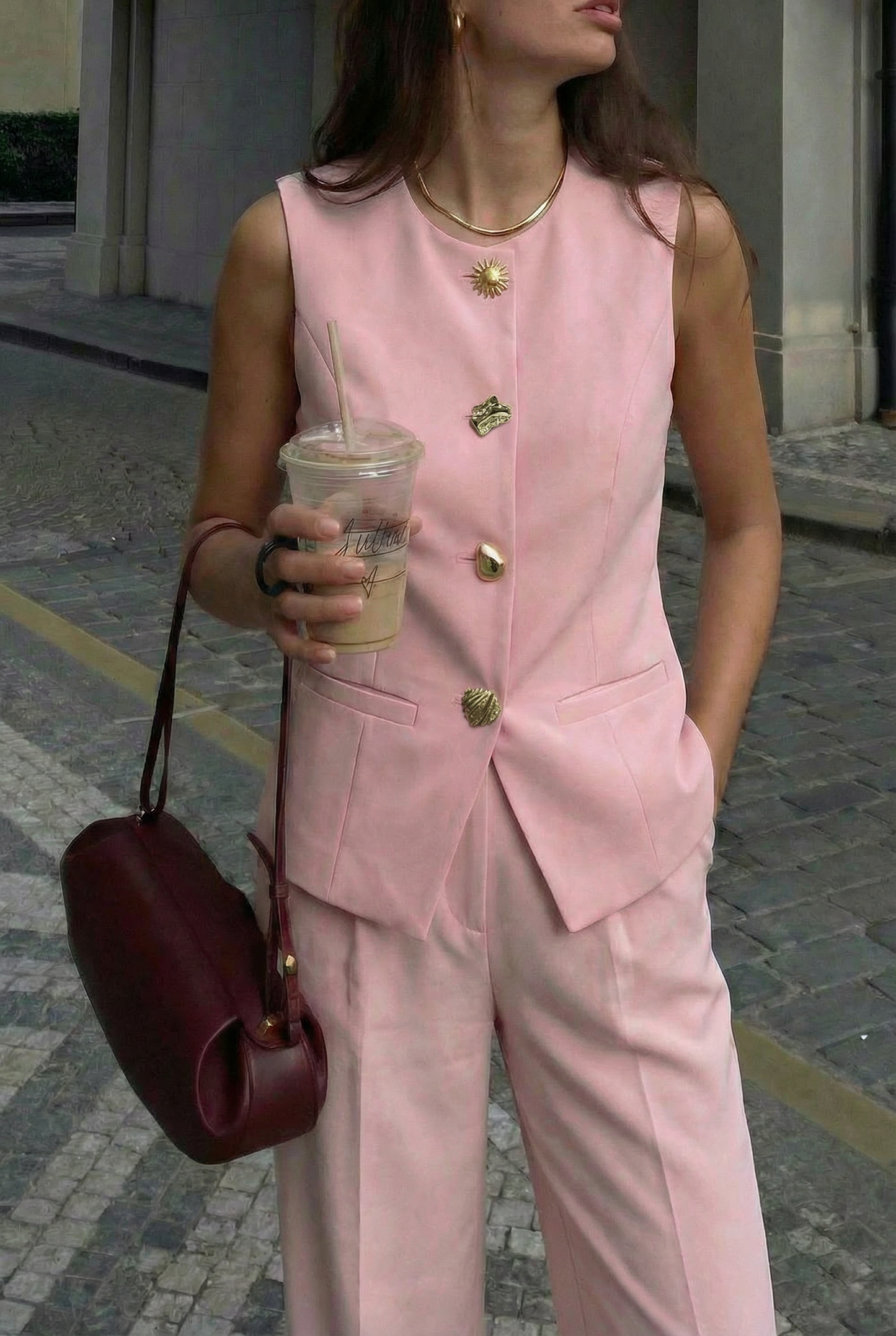 Fran pink waistcoat gold buttons