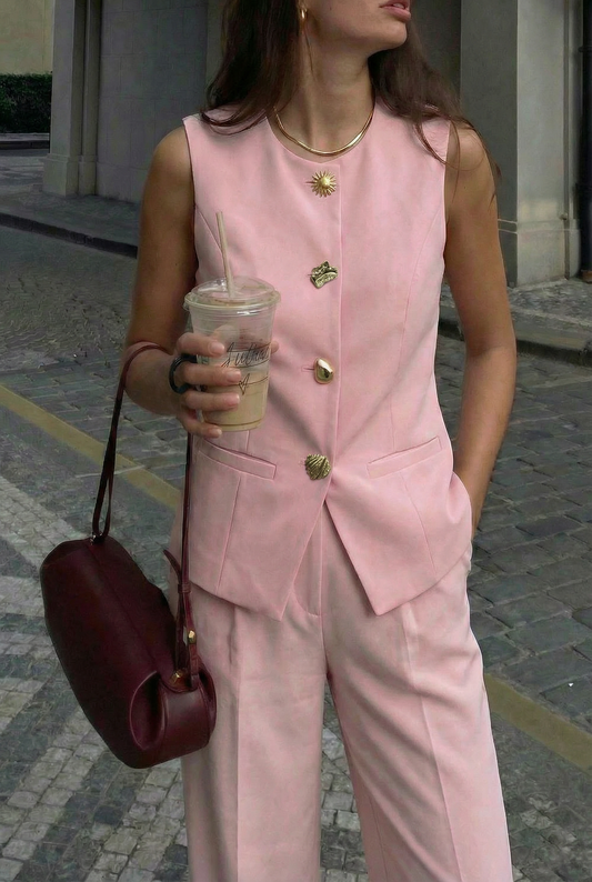 Fran pink waistcoat gold buttons